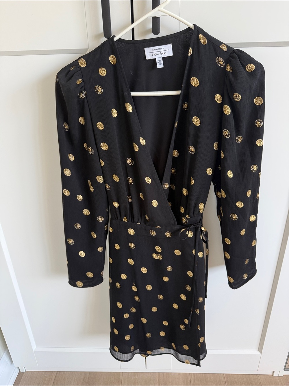 Black Wrap Dress with Gold Polka Dot Print